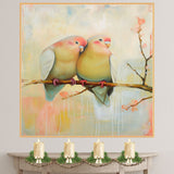 Charming Lovebirds Sitting Close on a Branch with Warm Pastel Floral Background on Ready to Hang 1.5" Thick Canvas Wrap, Floating Framed Canvas, Flat Rolled Canvas