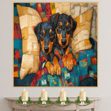 Painting of Two Dachshund Puppies in Colorful Pajamas Snuggled Under a Patchwork Quilt with Big Eyes and Floppy Ears in a Cozy Bed Surrounded by Soft Pillows on Ready to Hang 1.5" Thick Canvas Wrap, Floating Framed Canvas, Flat Rolled Canvas