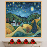 Starry Christmas Night Over Peaceful Village and Hills – Folk Art Holiday Landscape Painting on Ready to Hang 1.5" Thick Canvas Wrap, Floating Framed Canvas, Flat Rolled Canvas