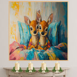 Painting of Two Cute Deer in Colorful Pajamas Sitting on a Vibrant Bed with Bright Pillows Surrounded by Playful Brush Strokes and Warm Whimsical Details on Ready to Hang 1.5" Thick Canvas Wrap, Floating Framed Canvas, Flat Rolled Canvas