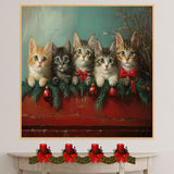 "Retro Christmas Charm: Five Adorable Kittens" Vintage-Style Holiday Scene on Ready to Hang 1.5" Thick Canvas Wrap, Floating Framed Canvas, Flat Rolled Canvas