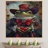 Victorian Grace: Whimsical Green Frog in an Elegant European Dress and Hat Heartfelt Timeless Artwork on Ready to Hang 1.5" Thick Canvas Wrap, Floating Framed Canvas, Flat Rolled Canvas