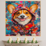 Playful Affection: Corgi in a Colorful Heart-Patterned Hoodie Whimsical Romantic Painting on Ready to Hang 1.5" Thick Canvas Wrap, Floating Framed Canvas, Flat Rolled Canvas