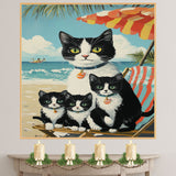 Seaside Serenity: Tuxedo Cat Mom and Three Kittens Relaxing Under a Beach Umbrella on Ready to Hang 1.5" Thick Canvas Wrap, Floating Framed Canvas, Flat Rolled Canvas