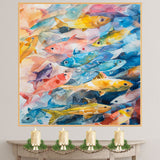 Colorful Watercolor Fish School Underwater Scene with Bright Tropical Marine Life in Abstract Ocean Palette on Ready to Hang 1.5" Thick Canvas Wrap, Floating Framed Canvas, Flat Rolled Canvas