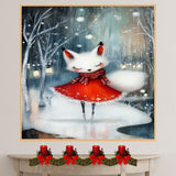Whimsical Christmas White Fox Ice Skating in Red Dress Winter Forest Canvas on Ready to Hang 1.5" Thick Canvas Wrap, Floating Framed Canvas, Flat Rolled Canvas