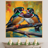 Mandarin Duck Pair in Vibrant Plumage Sitting on Branch Against Bold Yellow Artistic Backdrop Ideal for Wildlife Enthusiasts and Nature-Inspired Spaces on Ready to Hang 1.5" Thick Canvas Wrap, Floating Framed Canvas, Flat Rolled Canvas