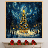 Magical Christmas Night Scene with Glowing Tree, Starry Sky and Gifts, Winter Wonderland with Victorian-Style Figures and Surreal Holiday Atmosphere on Ready to Hang 1.5" Thick Canvas Wrap, Floating Framed Canvas, Flat Rolled Canvas