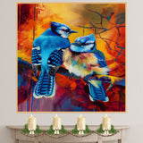 Blue Jays on Fiery Autumn Branch with Vivid Brush Strokes Perfect Nature Inspired Art for Bird Lovers Wildlife Enthusiasts and Bright Interior Accents on Ready to Hang 1.5" Thick Canvas Wrap, Floating Framed Canvas, Flat Rolled Canvas