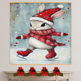 Christmas Wall Art Featuring Adorable Bunny Ice Skating in Santa Hat and Red Scarf Whimsical Holiday Illustration Perfect for Winter Decor and Animal Lovers on Ready to Hang 1.5" Thick Canvas Wrap, Floating Framed Canvas, Flat Rolled Canvas
