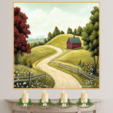 Winding Country Road with Red House and Wildflowers – Serene Summer Folk Art Landscape Print on Ready to Hang 1.5" Thick Canvas Wrap, Floating Framed Canvas, Flat Rolled Canvas