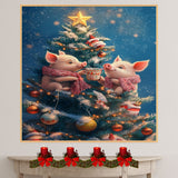 Two Baby Piglets in Scarves Sharing Cocoa on Christmas Tree Surrounded by Snowy Ornaments and Star Topper Holiday Art Print for Nursery or Winter Decor on Ready to Hang 1.5" Thick Canvas Wrap, Floating Framed Canvas, Flat Rolled Canvas