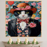 Floral Sophistication: Tuxedo Cat in a Flowery Hat and Elegant Suit Graceful Botanical Painting on Ready to Hang 1.5" Thick Canvas Wrap, Floating Framed Canvas, Flat Rolled Canvas