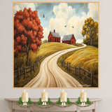 Winding Country Road to Red Barns – Autumn Folk Art Print Featuring Rustic Landscape and Fall Colors on Ready to Hang 1.5" Thick Canvas Wrap, Floating Framed Canvas, Flat Rolled Canvas