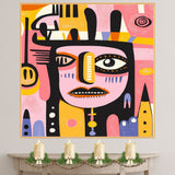 Bold Abstract Face Illustration with Pink and Yellow Tones in Mid-Century Modern and Tribal Pop Art Style on Ready to Hang 1.5" Thick Canvas Wrap, Floating Framed Canvas, Flat Rolled Canvas