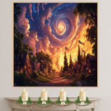 Glowing 4th of July Village at Dusk with Swirling Sky and Flags, Whimsical Americana Scene with Magical Clouds, Starlight, and Patriotic Celebration on Ready to Hang 1.5" Thick Canvas Wrap, Floating Framed Canvas, Flat Rolled Canvas