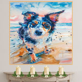 Watercolor Painting of a Multicolored Dog on the Beach – Energetic Coastal Pet Art Print in Vibrant Colors on Ready to Hang 1.5" Thick Canvas Wrap, Floating Framed Canvas, Flat Rolled Canvas