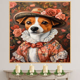 Victorian Grace: Jack Russell Dog in a Hearty Flowery European Dress and Hat Whimsical Art on Ready to Hang 1.5" Thick Canvas Wrap, Floating Framed Canvas, Flat Rolled Canvas