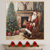 Santa Claus Sitting in Rocking Chair by Fireplace with Christmas Tree, Presents, Garland and Deer Mount in Rustic Cabin Style Holiday Living Room Scene on Ready to Hang 1.5" Thick Canvas Wrap, Floating Framed Canvas, Flat Rolled Canvas