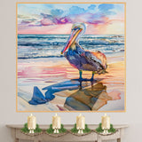 Watercolor Painting of Pelican on Beach with Sunset Sky and Ocean Waves Reflected in Sand on Ready to Hang 1.5" Thick Canvas Wrap, Floating Framed Canvas, Flat Rolled Canvas