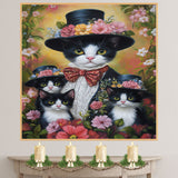 Victorian Grace: Tuxedo Cat Mom Carrying Three Kittens in a Floral Ensemble on Ready to Hang 1.5" Thick Canvas Wrap, Floating Framed Canvas, Flat Rolled Canvas