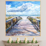 Sunny Coastal Boardwalk Watercolor Painting – Path to the Beach with Ocean Horizon and Sea Grass Accents on Ready to Hang 1.5" Thick Canvas Wrap, Floating Framed Canvas, Flat Rolled Canvas
