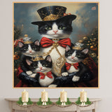 Regal Yuletide Charm: Tuxedo Cat Mom and Kittens in Elegant Holiday Attire on Ready to Hang 1.5" Thick Canvas Wrap, Floating Framed Canvas, Flat Rolled Canvas