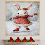 Christmas Wall Art Featuring Adorable Ice Skating Bunny in Red Coat and Holly Bow Whimsical Winter Illustration for Holiday Décor and Cute Animal Art Lovers on Ready to Hang 1.5" Thick Canvas Wrap, Floating Framed Canvas, Flat Rolled Canvas