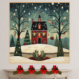 Whimsical Christmas Folk Art of Red House, Decorated Trees, Snowflakes, and Birds in a Peaceful Winter Wonderland on Ready to Hang 1.5" Thick Canvas Wrap, Floating Framed Canvas, Flat Rolled Canvas