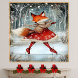 Whimsical Christmas Fox Ice Skating in Red Dress Holiday Wall Art Print Winter Animal Snow Scene Illustration for Kids Room Nursery or Seasonal Home Decor on Ready to Hang 1.5" Thick Canvas Wrap, Floating Framed Canvas, Flat Rolled Canvas