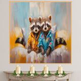 Charming Painting of Two Raccoons in Bright Pajamas Sitting on a Bed with Playful Expressions and a Soft Pastel Background Featuring Hints of Yellow and Blue on Ready to Hang 1.5" Thick Canvas Wrap, Floating Framed Canvas, Flat Rolled Canvas