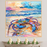 Watercolor Painting of a Multicolored Crab at the Beach – Coastal Sea Life Art Print with Sunset Ocean Background on Ready to Hang 1.5" Thick Canvas Wrap, Floating Framed Canvas, Flat Rolled Canvas
