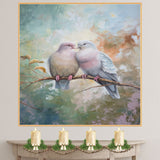 Romantic Pair of Lovebirds on a Branch with Soft Pastel Background Painting on Ready to Hang 1.5" Thick Canvas Wrap, Floating Framed Canvas, Flat Rolled Canvas