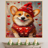 Love and Loyalty: Corgi in a Red Heart-Themed Top and Hat Adorable Romantic Painting on Ready to Hang 1.5" Thick Canvas Wrap, Floating Framed Canvas, Flat Rolled Canvas