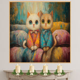 Painting of Two Cute Kittens Sitting Side by Side in Colorful Pajamas with Big Eyes and Soft Fur on a Cozy Bed Surrounded by Pastel Colors and Whimsical Textures on Ready to Hang 1.5" Thick Canvas Wrap, Floating Framed Canvas, Flat Rolled Canvas