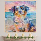Watercolor Painting of a Multicolored Dog at the Beach – Gentle Expression Coastal Art Print for Dog and Ocean Lovers on Ready to Hang 1.5" Thick Canvas Wrap, Floating Framed Canvas, Flat Rolled Canvas