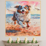 Watercolor Art of a Joyful Fluffy Dog Running on the Beach with Colorful Ocean Waves and Radiant Sky at Sunrise on Ready to Hang 1.5" Thick Canvas Wrap, Floating Framed Canvas, Flat Rolled Canvas