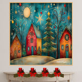 Twinkling Stars and Holiday Dreams – Christmas Folk Art Print on Ready to Hang 1.5" Thick Canvas Wrap, Floating Framed Canvas, Flat Rolled Canvas