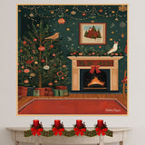 Cozy Christmas Folk Art Scene with Decorated Tree, Fireplace, Garland, Gifts, and Festive Birds in a Warm Holiday on Ready to Hang 1.5" Thick Canvas Wrap, Floating Framed Canvas, Flat Rolled Canvas