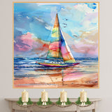Watercolor Painting of Multicolored Sailboat on Ocean Waves with Birds and Beach Reflections on Ready to Hang 1.5" Thick Canvas Wrap, Floating Framed Canvas, Flat Rolled Canvas