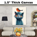 Charming Blue Cat with Orange Bird on Head Whimsical Animal Artwork for Nursery Kids Room and Pet Lovers Perfect Gift for Cat and Bird Enthusiasts on Ready to Hang 1.5" Thick Canvas Wrap, Floating Framed Canvas, Flat Rolled Canvas