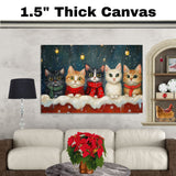 Retro Christmas Cat Print with Five Kittens in Scarves Snowy Holiday Scene Warm Festive Wall Art Perfect Gift for Cat Lovers Winter Seasonal Home Decor on Ready to Hang 1.5" Thick Canvas Wrap, Floating Framed Canvas, Flat Rolled Canvas