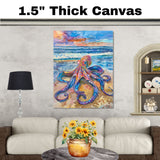 Watercolor Painting of a Colorful Octopus on Seashore with Ocean Waves and Dramatic Sky in Vibrant Coastal Sunset Scene on Ready to Hang 1.5" Thick Canvas Wrap, Floating Framed Canvas, Flat Rolled Canvas