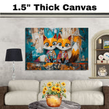 Whimsical Painting of Two Cute Foxes with Big Eyes in Colorful Pajamas Sitting Side by Side Against a Bold Abstract Background in Teal and Orange on Ready to Hang 1.5" Thick Canvas Wrap, Floating Framed Canvas, Flat Rolled Canvas