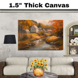 Golden Reflections – Autumn Village by the River on Ready to Hang 1.5" Thick Canvas Wrap, Floating Framed Canvas, Flat Rolled Canvas
