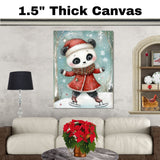 Whimsical Christmas Panda Bear Ice Skating in Red Coat and Plaid Scarf – Cozy Holiday Animal Art for Nursery Wall Decor, Seasonal Gifting, or Winter Displays on Ready to Hang 1.5" Thick Canvas Wrap, Floating Framed Canvas, Flat Rolled Canvas