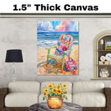 Watercolor Painting of Colorful Floral Beach Chair with Sunglasses and Bag on Sand Overlooking Ocean Waves and Sky on Ready to Hang 1.5" Thick Canvas Wrap, Floating Framed Canvas, Flat Rolled Canvas