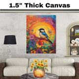 Chickadee Among Bright Wildflowers with Radiant Rainbow Sunburst Background on Ready to Hang 1.5" Thick Canvas Wrap, Floating Framed Canvas, Flat Rolled Canvas