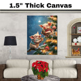 Two Baby Piglets in Cozy Scarves Holding Cocoa on Snowy Christmas Tree with Ornaments and Lights Holiday Art Print for Nursery or Festive Winter Decor on Ready to Hang 1.5" Thick Canvas Wrap, Floating Framed Canvas, Flat Rolled Canvas