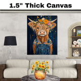 Happy Highland Cow in Overalls with Flower Crown Whimsical Hand Painted Floral Art Rustic Wall Decor for Farmhouse Kids Room Bedroom or Gift for Cow Lovers on Ready to Hang 1.5" Thick Canvas Wrap, Floating Framed Canvas, Flat Rolled Canvas